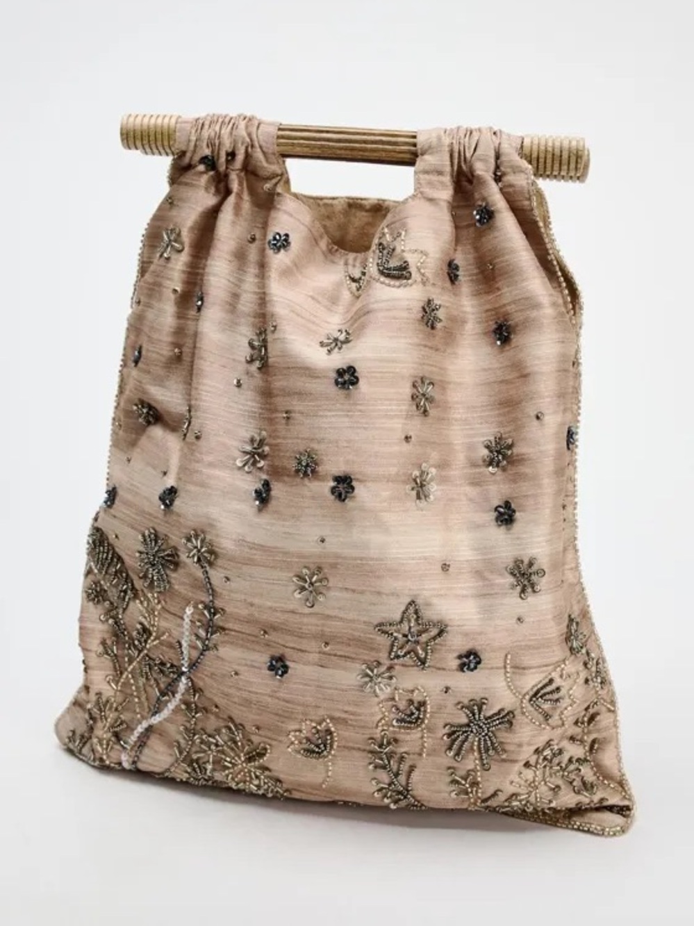 Zara NWT Blush Pink Beige Sequin Beaded Embroidered Wood Handle Clutch Handbag - Picture 4 of 7
